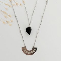 Colar Pedra Obsidiana Natural Duo Fases da Lua