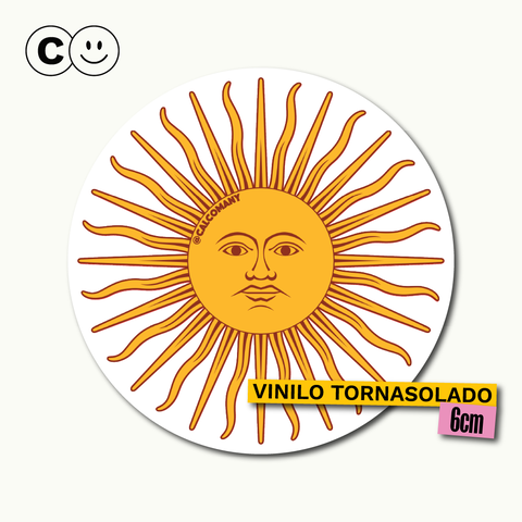 Calcomanía circular con ilustración del Sol de Mayo amarillo sobre fondo blanco, sticker patrio argentino