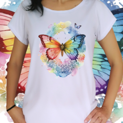 Babylook - Borboleta arco iris em aquarela