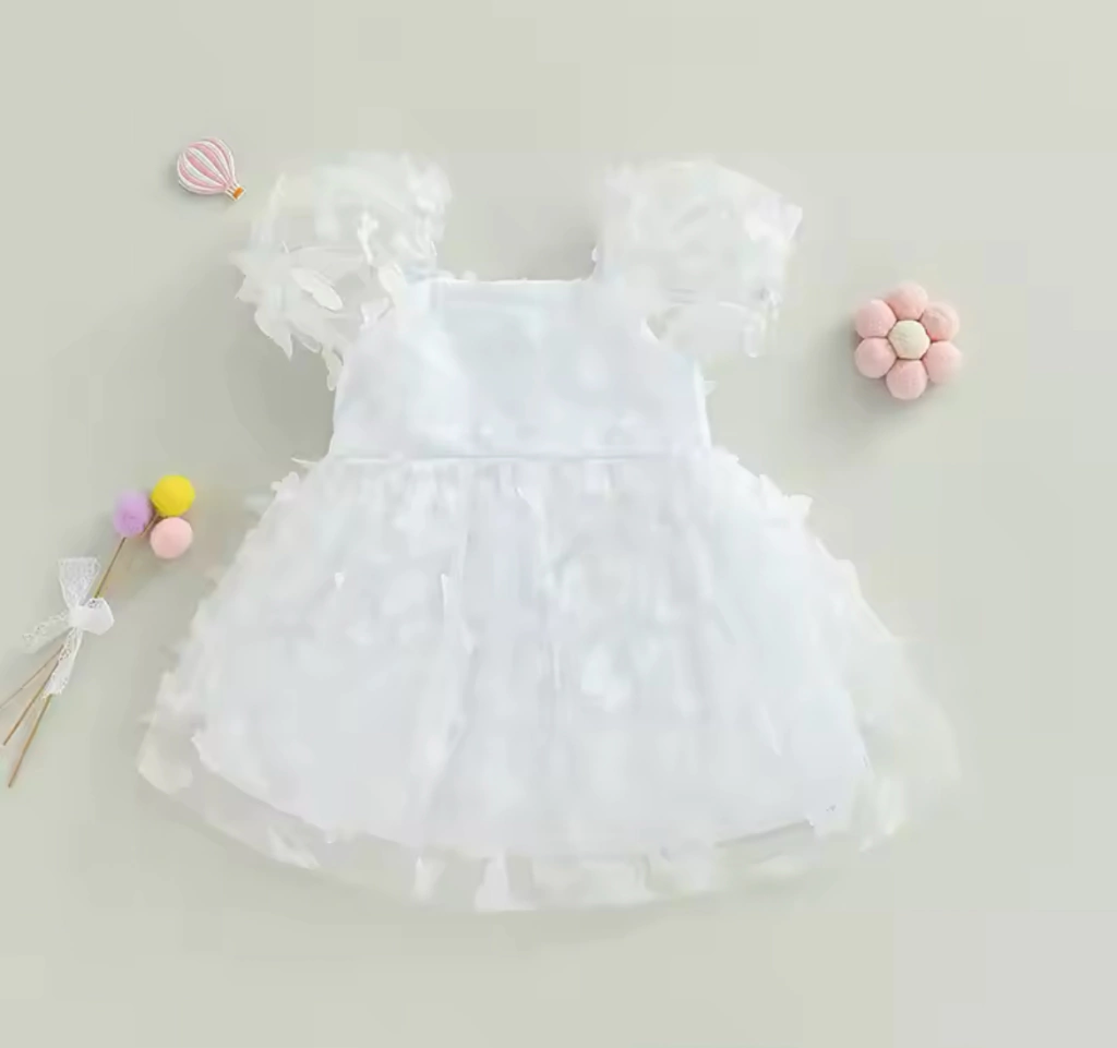 Vestido Apliques Blanco Manga Globo