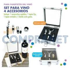 Set para Vino 4 accesorios, Caja metálica con ventana, 11391