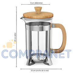 Cafetera/Tetera con embolo, Prensa francesa, de vidrio y madera, 600ml, 12611