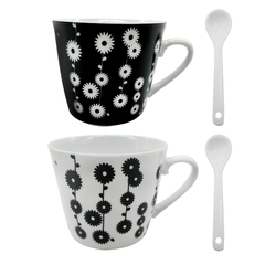 Set de 2 Tazas + 2 Cucharas, Blanco y Negro Decoradas 13401