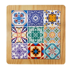 Posa Fuentes Cuadrado, cerámica y madera, diseño mandalas, 12613