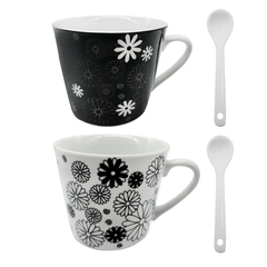 Set de 2 Tazas + 2 Cucharas, Blanco y Negro Decoradas 13401 - comprar online