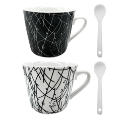 Set de 2 Tazas + 2 Cucharas, Blanco y Negro Decoradas 13401 en internet