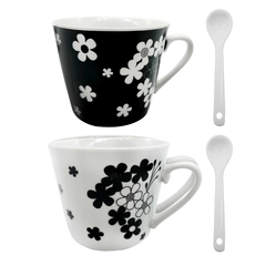 Set de 2 Tazas + 2 Cucharas, Blanco y Negro Decoradas 13401 - Compranet