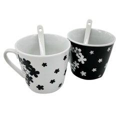 Set de 2 Tazas + 2 Cucharas, Blanco y Negro Decoradas 13401 en internet