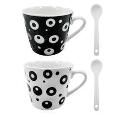 Set de 2 Tazas + 2 Cucharas, Blanco y Negro Decoradas 13401 - tienda online