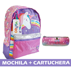 COMBO Mochila escolar Espalda, 17´ + Cartuchera Diseño “Unicornio” 90128