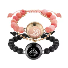 Pulseras para parejas Montaña y Mar - Piedra Agata Negra y Cuarzo Rosa