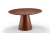 Mesa de jantar redonda de madeira com base em formato de cone, acabamento em tom nogueira.