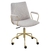 Cadeira de escritório dourada com assento em tecido claro e braços, ideal para home office.