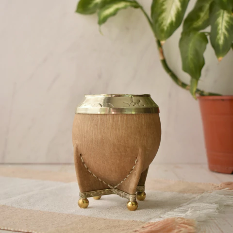 Mate torpedo cuero crudo virola alpaca y bolitas bronce