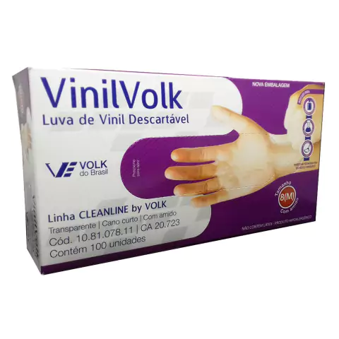 LUVA VINIL VOLK SEM AMIDO CX C/ 100 UNID TRANSP CA 20722