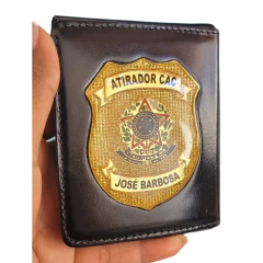 Carteira porta documentos em couro com 2 brasões - Atirador CAC personalizado com nome