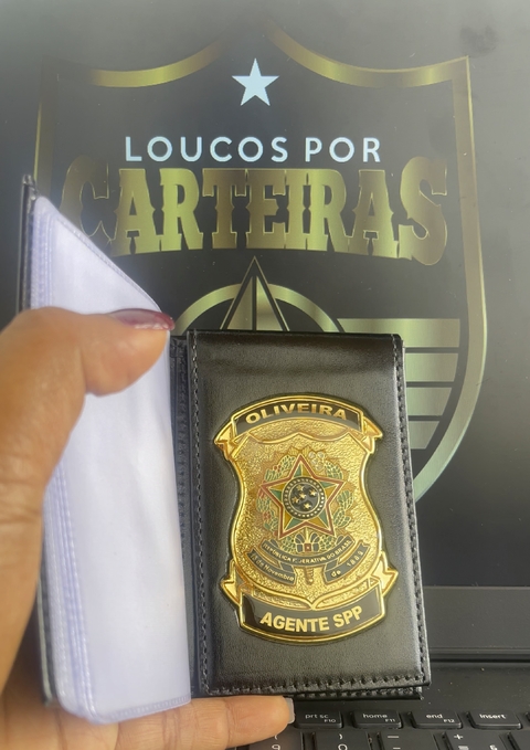 Carteira porta documentos em couro com brasão - Agente SPP personalizado com nome - comprar online