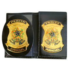 Kit Carteira e bolachão personalizados em couro com brasão - Perita Judicial