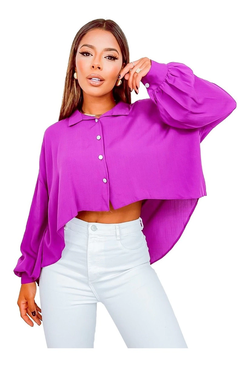 Camisa Cropped Viscolinho Mullet Gola Detalhe Botão