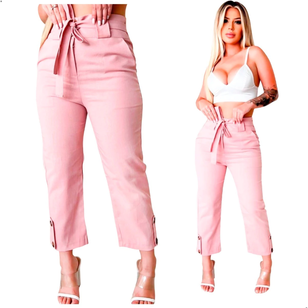 Calça Jogger Linho Feminina Bolso Elástico Cintura Clochard