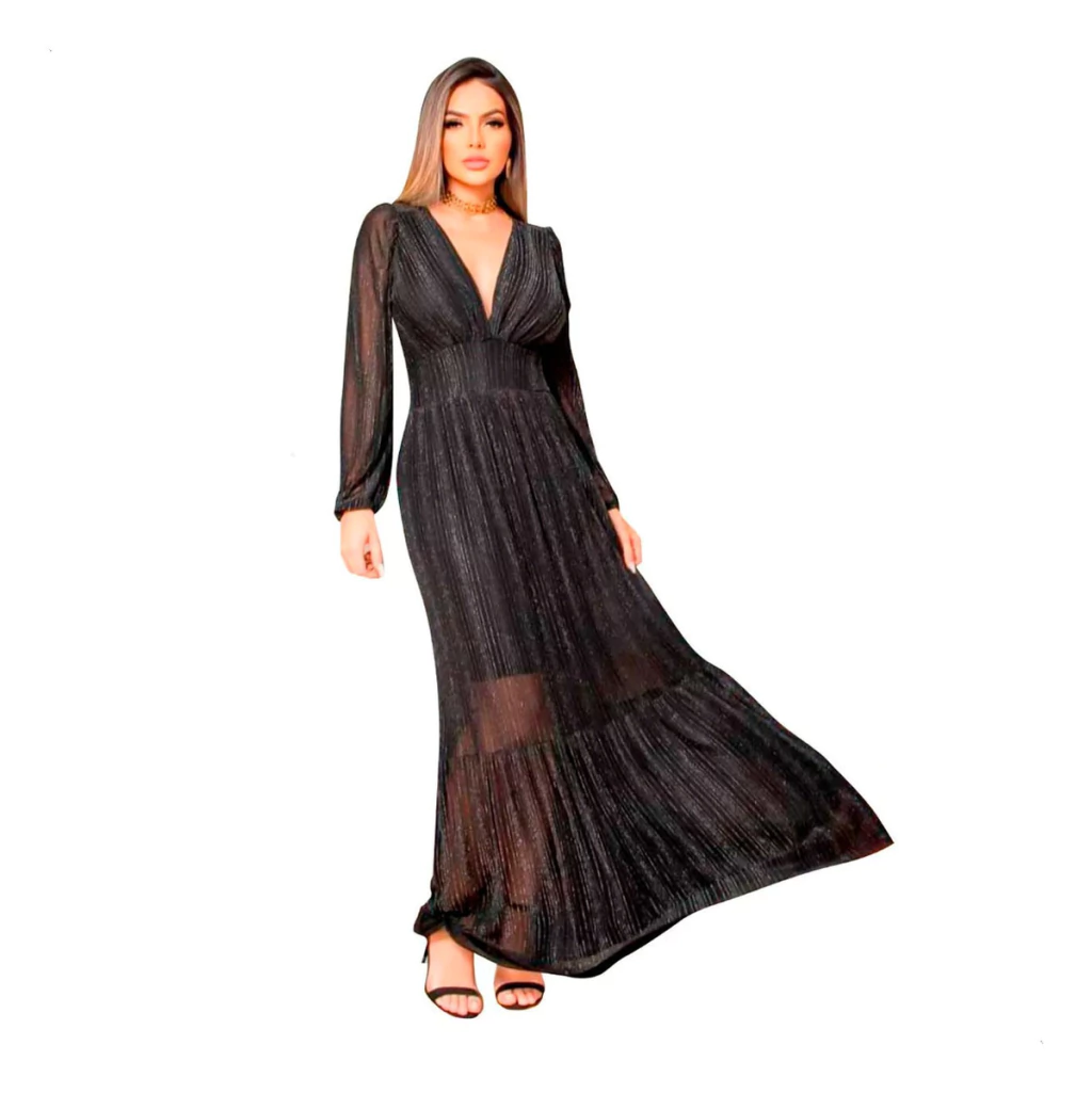 Vestido Lurex Tule Poliamida Manga Longa Brilho Decote Em V
