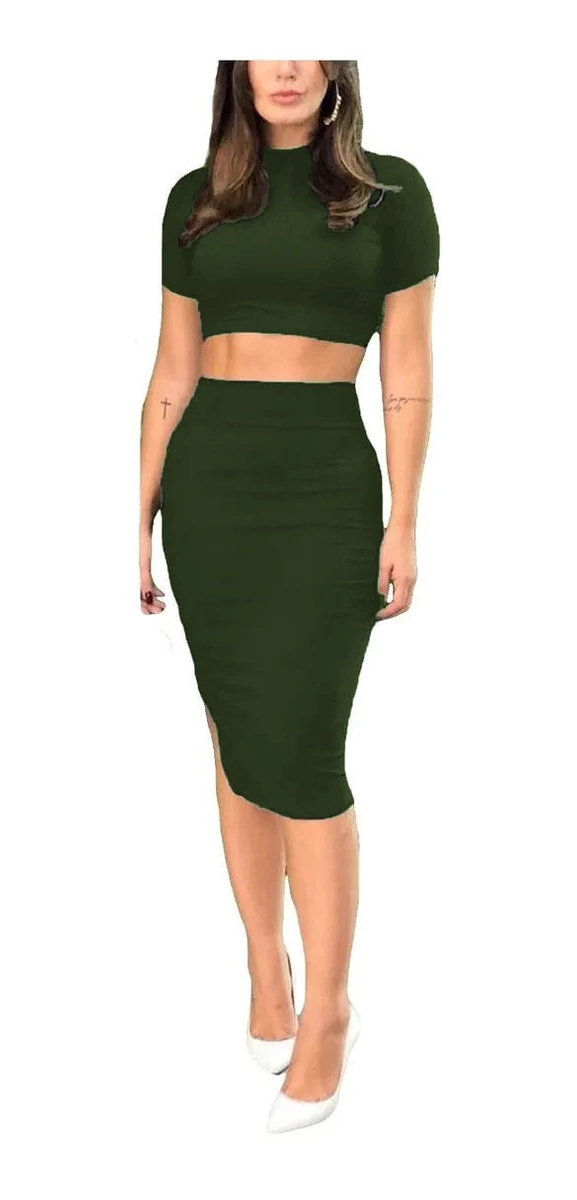 Conjunto Feminino Saia Midi E Cropped Social Moda Blogueira