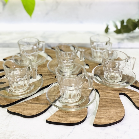 SET TACITAS Y PLATO DE VIDRIO x6 UNIDADES 70 ML