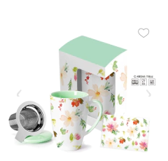 SET TAZA DE CERÁMICA CON TAPA C/INFUSOR FLOWE 490 ML