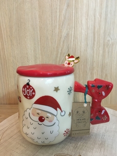 TAZA DE CERÁMICA CON TAPA Y CUCHARITA MERRY CHRISTMAS 450 ML - tienda online