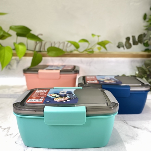 VIANDA BOX CUADRADA CON DIV Y SALSERO DIP Y CUCHARA MSURE 2000 ML