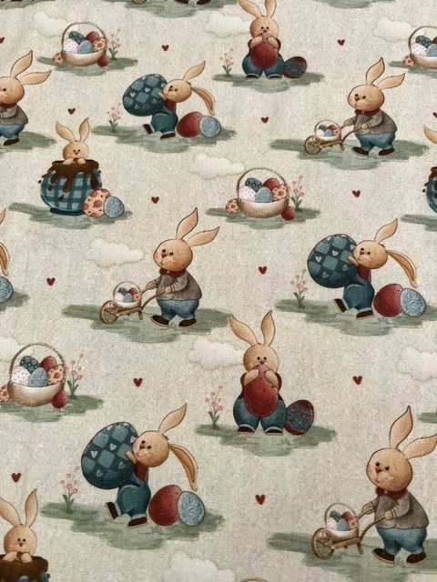 Tecido - Estampa Páscoa Coelhos Fundo Areia