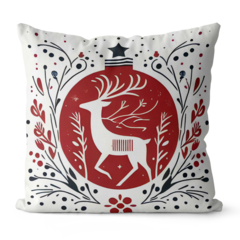 Capa de almofada natalina com um veado branco em um círculo vermelho, decorada com folhagens e elementos festivos.