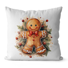 Capa de almofada decorativa de Natal com estampa de biscoito de gengibre e folhas verdes.
