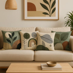 Kit com quatro capas de almofadas 45x45 com estampas abstratas florais em tons verde e bege, sobre sofá bege em sala decorada com quadro e planta