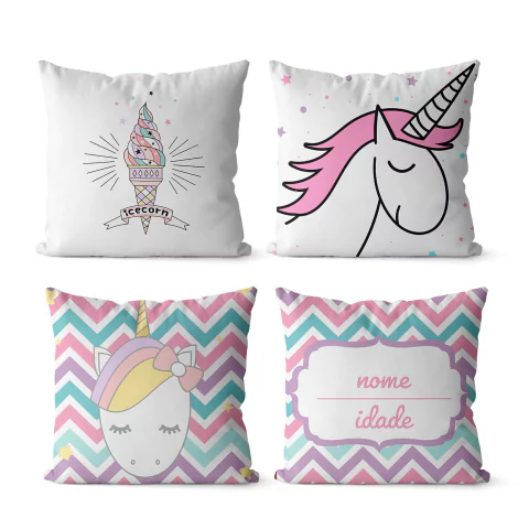 Kit 4 Capas De Almofadas 45x45 Personalize Infantil - Unicornio
