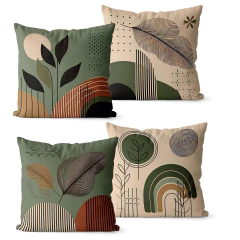 Kit com 4 capas de almofadas 45x45 cm com estampas abstratas florais nas cores verde e bege