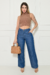 Calça Pantalona Jeans Com Elástico - Escura