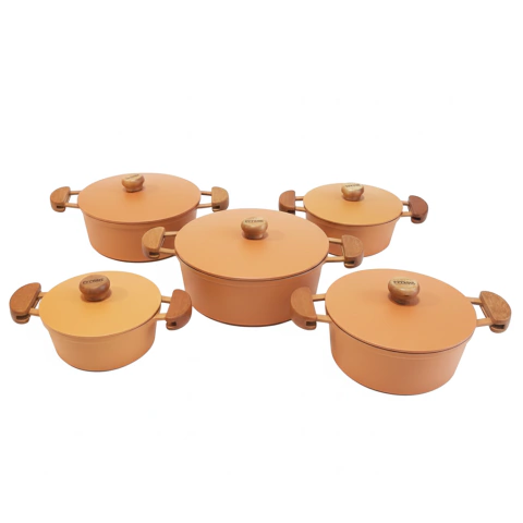 Jogo 5 peças Panelas de Aluminio Fundido Tampa Pesada Terracota