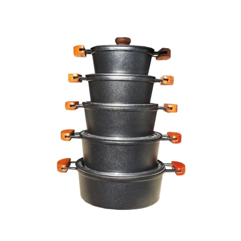 Jogo 5 peças panelas de aluminio fundido tampa pesada Preto Cintilante