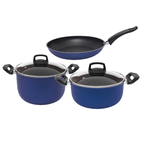 Jogo de panelas antiaderentes azul royal 3 peças com caldeirão
