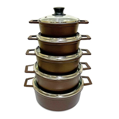 Jogo 5 Panelas Alumínio Batido Fundido Marrom Premium Tampa De Vidro
