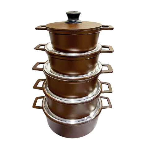 Jogo 5 Panelas Alumínio Batido Fundido Marrom Premium Tampa Pesada