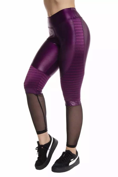 CALÇA LEGGING ROXA COM DETALHE EM TULE