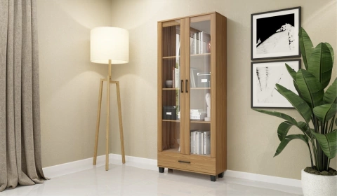 Estante para livros com duas portas de vidro e gaveta 100% MDF Freijó - comprar online