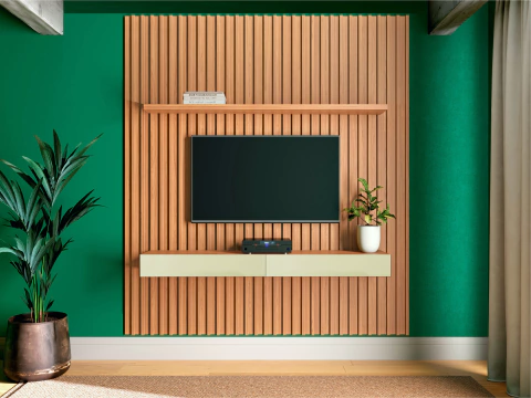 Painel suspenso ripado de 2,23 x 2,50 100% MDF com 2 gavetas