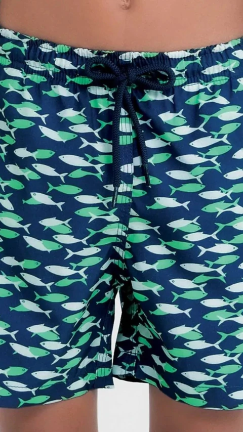 Shorts Infantil Estampado Peixes Azul Marinho