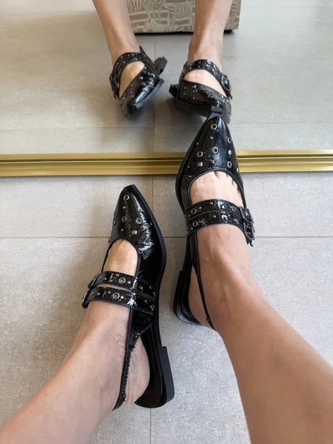 Sapatilha Slingback Couro Preta Strass