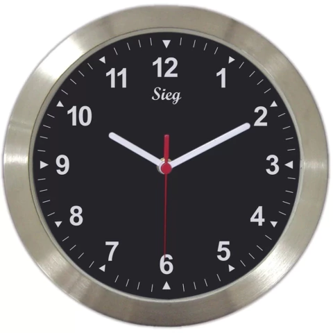 Relógio de Parede Redondo Alumínio Natural 270mm Fundo Preto Liso - Sieg