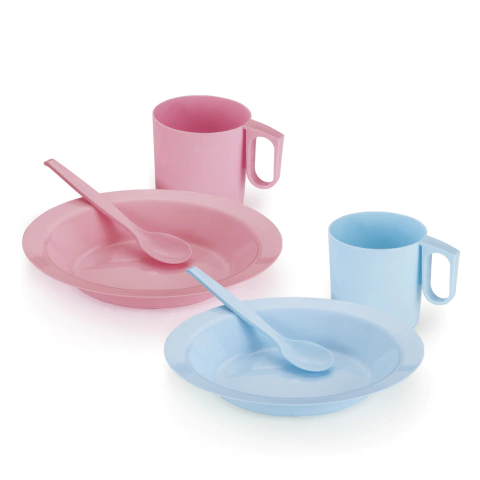 Conjunto Escolar Para Merenda Composto Por 1 Prato 21cm 1 Colher e 1 Caneca Nas Cores Azul ou Rosa - Plasnorthon