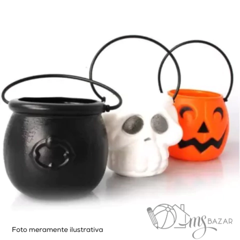 Conjunto de Enfeite Mini Pote Kit Halloween Kids Caldeirão Abóbora e Crânio 3 Peças - Brasilflex